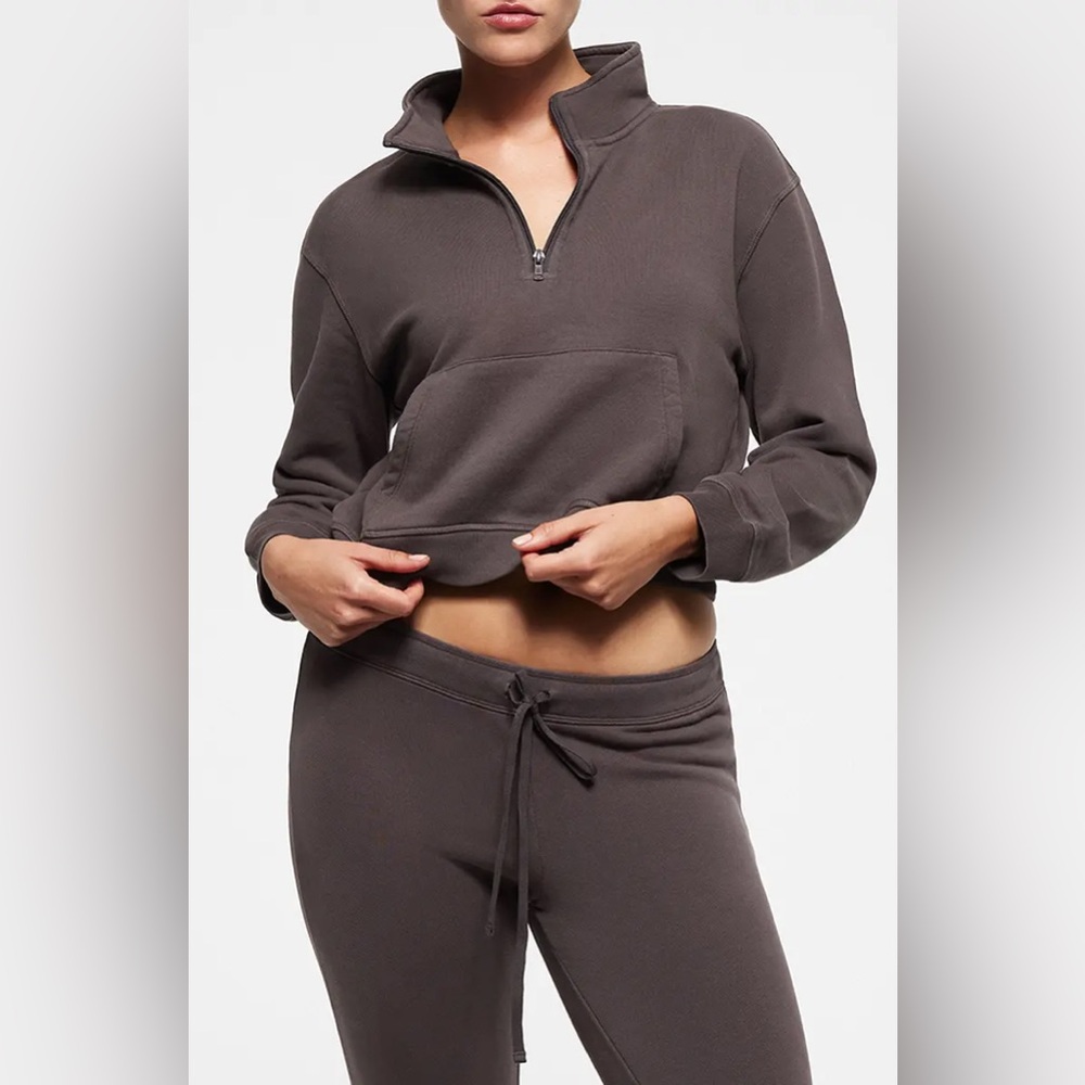 Skims Half Zip Sweater Cropped French Terry Pullover Chocolate Brown Size Small